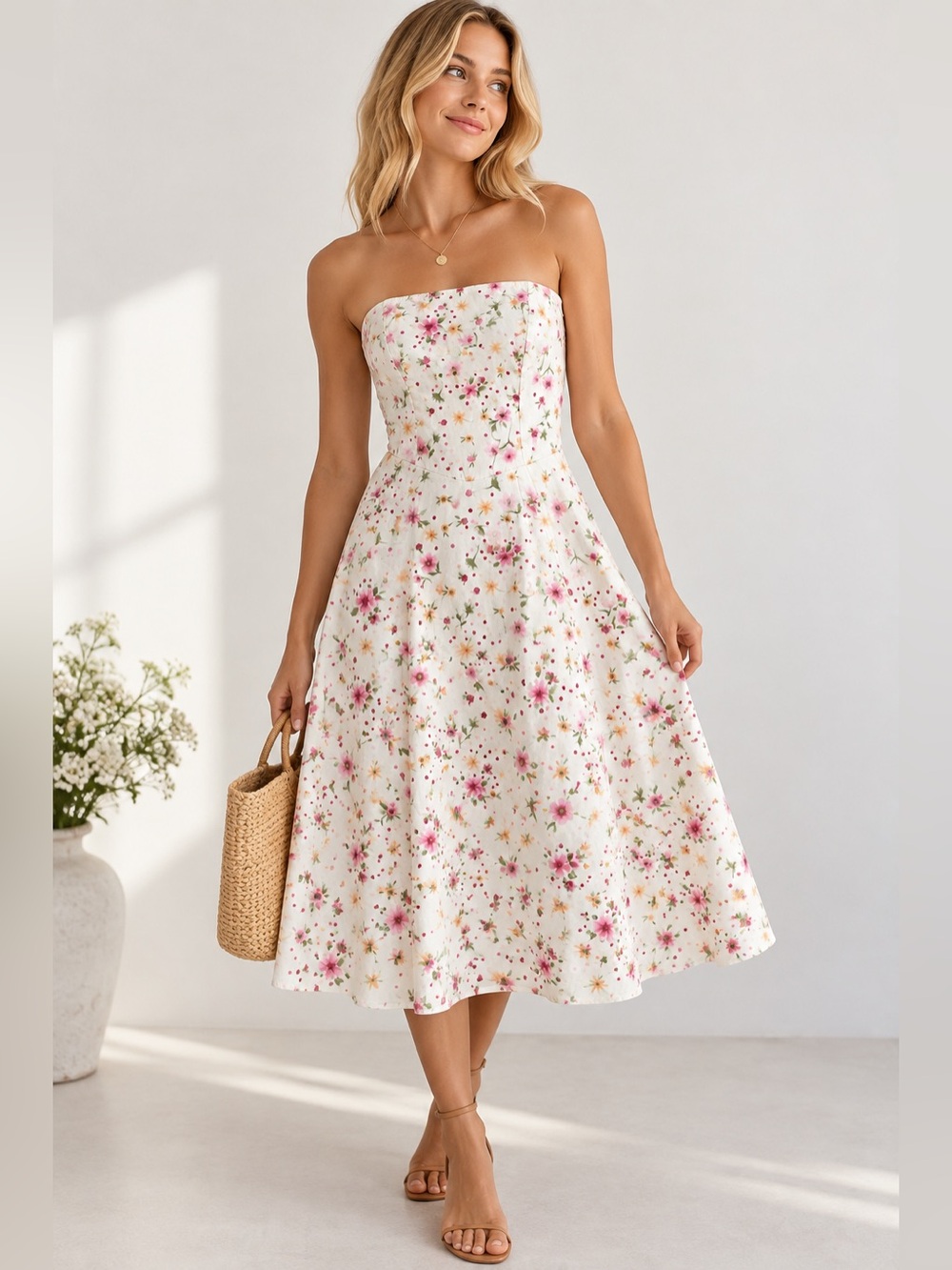 Vintage Y2K Strapless Floral Midi Dress S Cottagecore USA MADE Prairie Romantic
